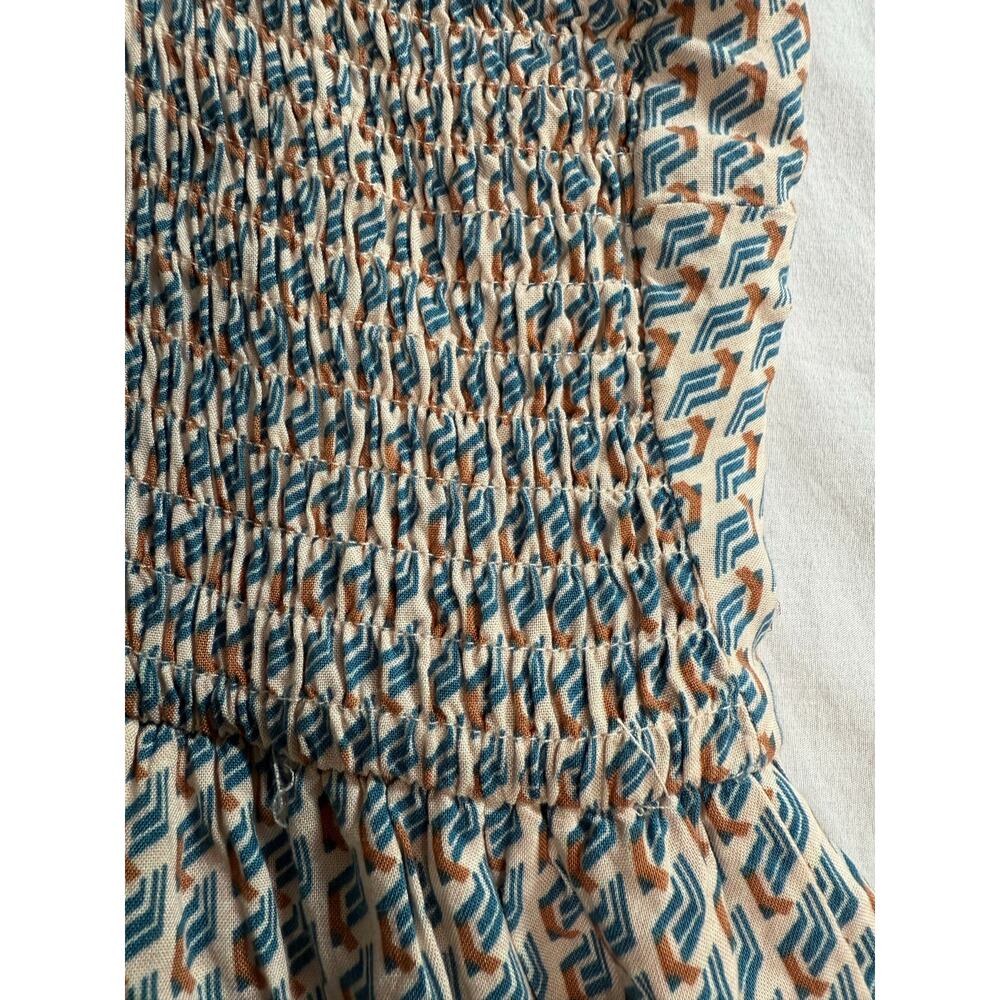 Superfoxx Square Neck Midi Dress Blue Tan Boho Size LARGE Geometric Print - Picture 8 of 14